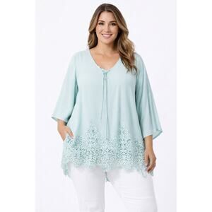 Ali Miles Blouse Top Tunic Womens Size XL Fairy Cottage Gauzy Boxy Lace Teal